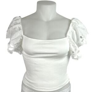 NEW H&M White Ribbed Knit Flutter Sleeve Floral Embroidered Blouse Top Size XL